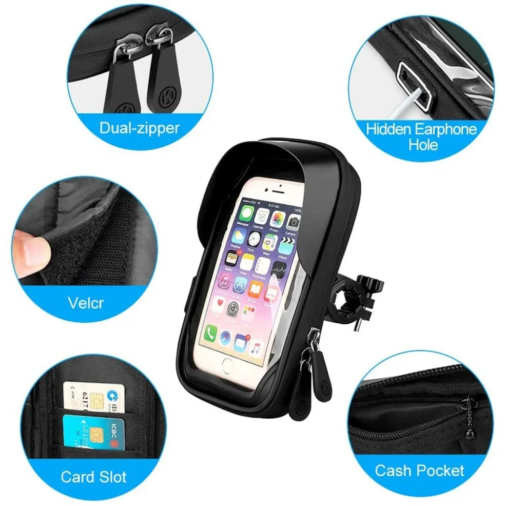 Wodoodporny uchwyt na telefon rowerowy/motocyklowy, torba na telefon z ekranem dotykowym, uchwyt na kierownicę rowerową 6,4 cala do iPhone 12 Pro Samsung — zdjęcie produktu 6
