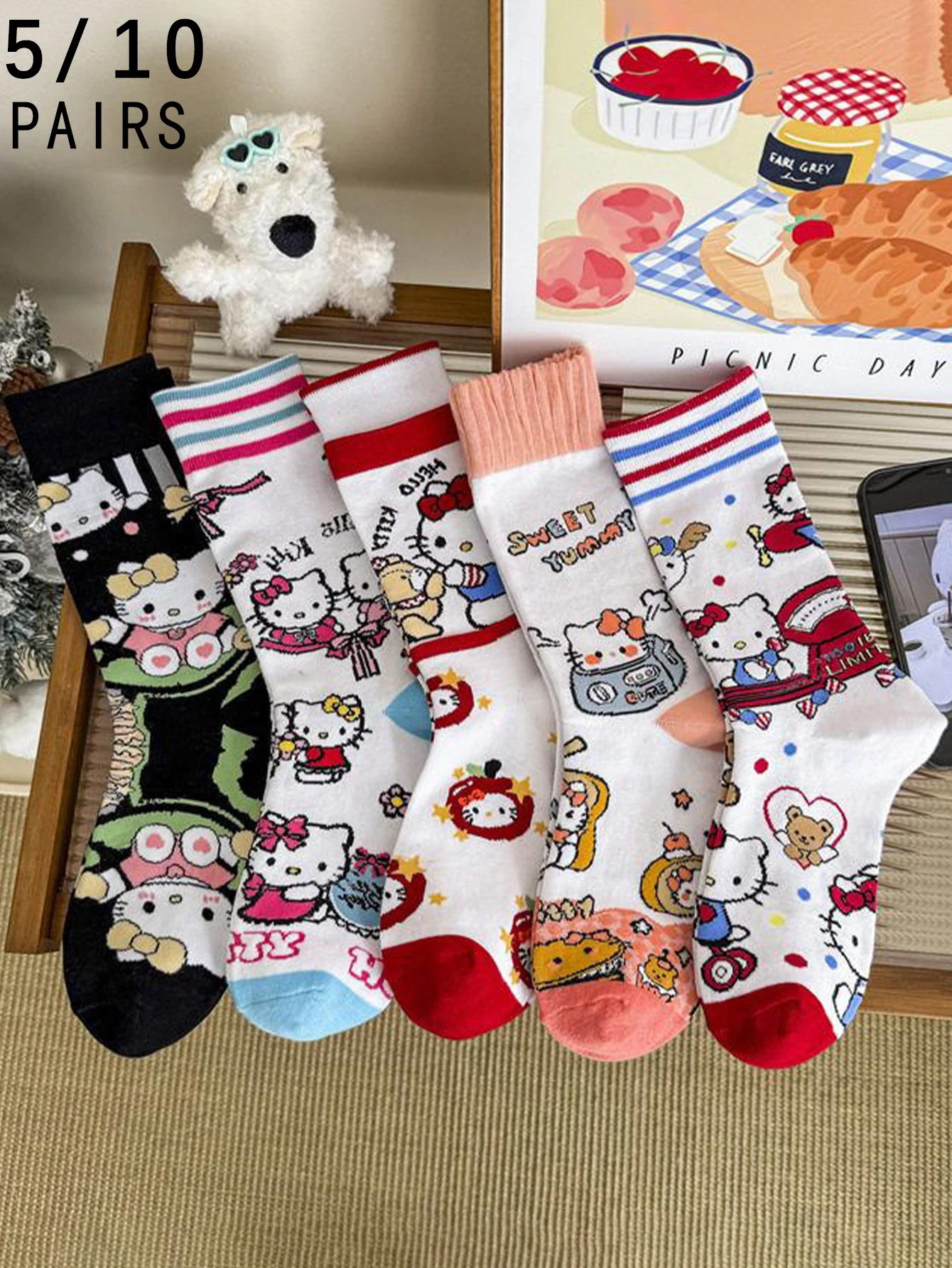 

5/10 пар минизо, корейская версия, балетный стиль, sanrio, милые и милые женские носки до середины икры с мультяшным рисунком «Hello Kitty»
