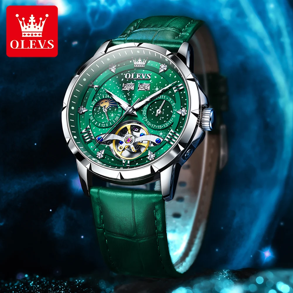 OLEVS Original Fully Automatic Watch for Men Skeleton Hollow Out Flywheel Date Moon Phase Starry Sky Dial Mechanical Wristwatch