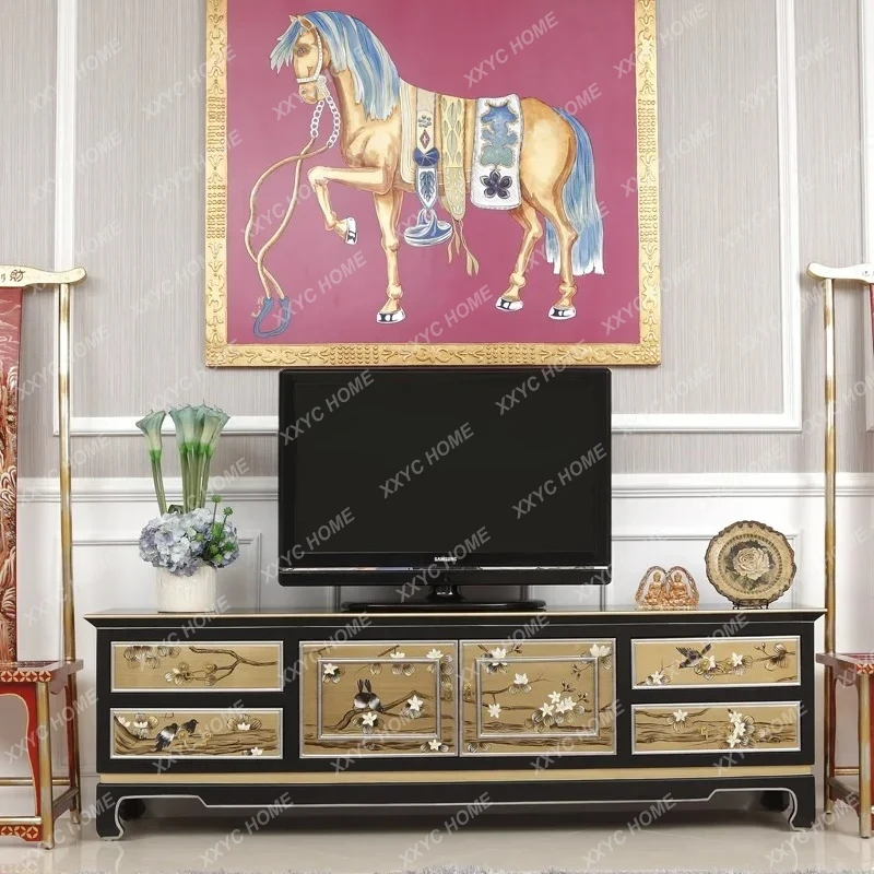 Q New Chinese high-end Chinese style living room TV cabinet Solid wood audio-visual film and television floor cabinet