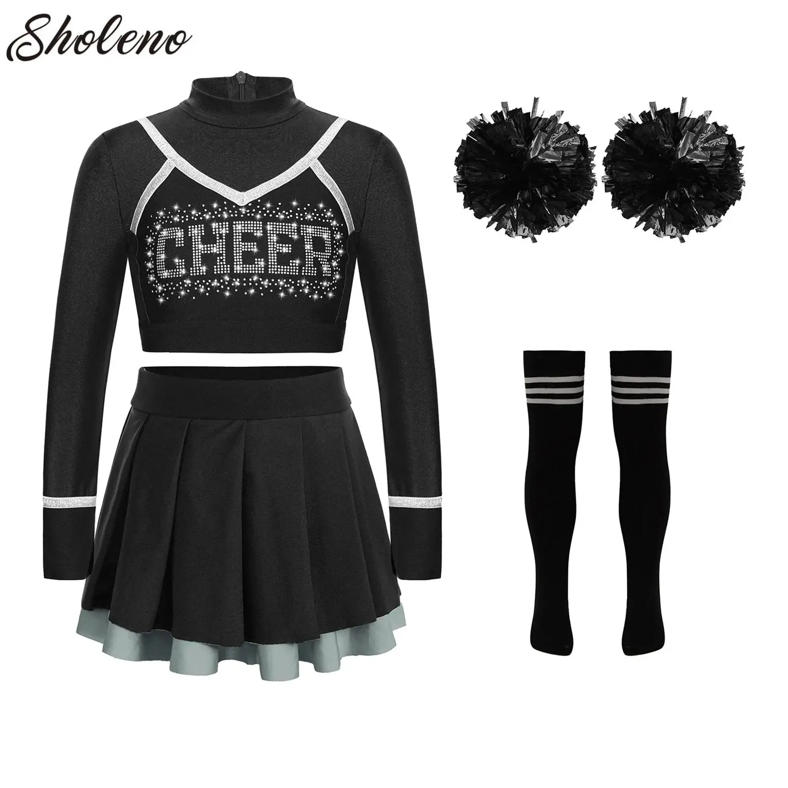 Girls Cheerleading Uniforms School Cheer Dance Outfit Teens Cheerleader Costume Children Glittery Rhinestones Cheerlead Uniforms