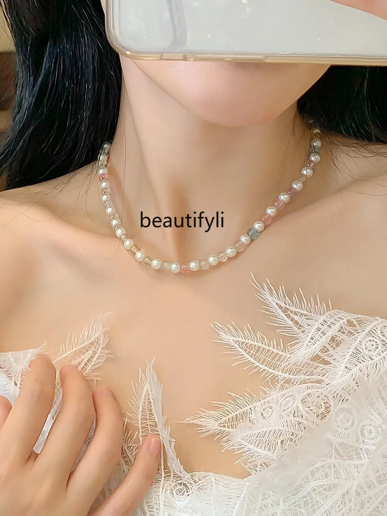 

Summer Dopamine Color Ice Transparent Small Balls Pearl Stitching Fashion Necklace Niche Clavicle Necklace