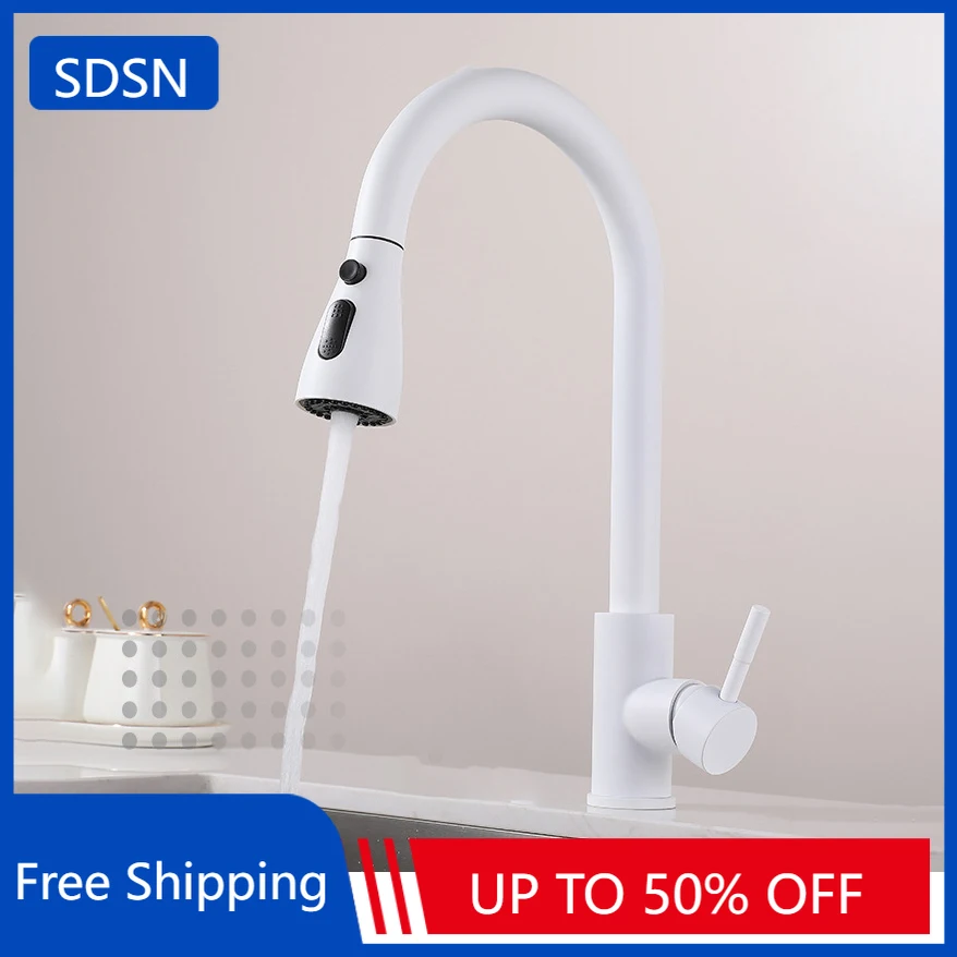 

White Pull Out Kitchen Faucets Single Handle Hot Cold Water Tap Stainless Steel Brushed Gold Pull Down Kitchen Sink Mixer Faucet