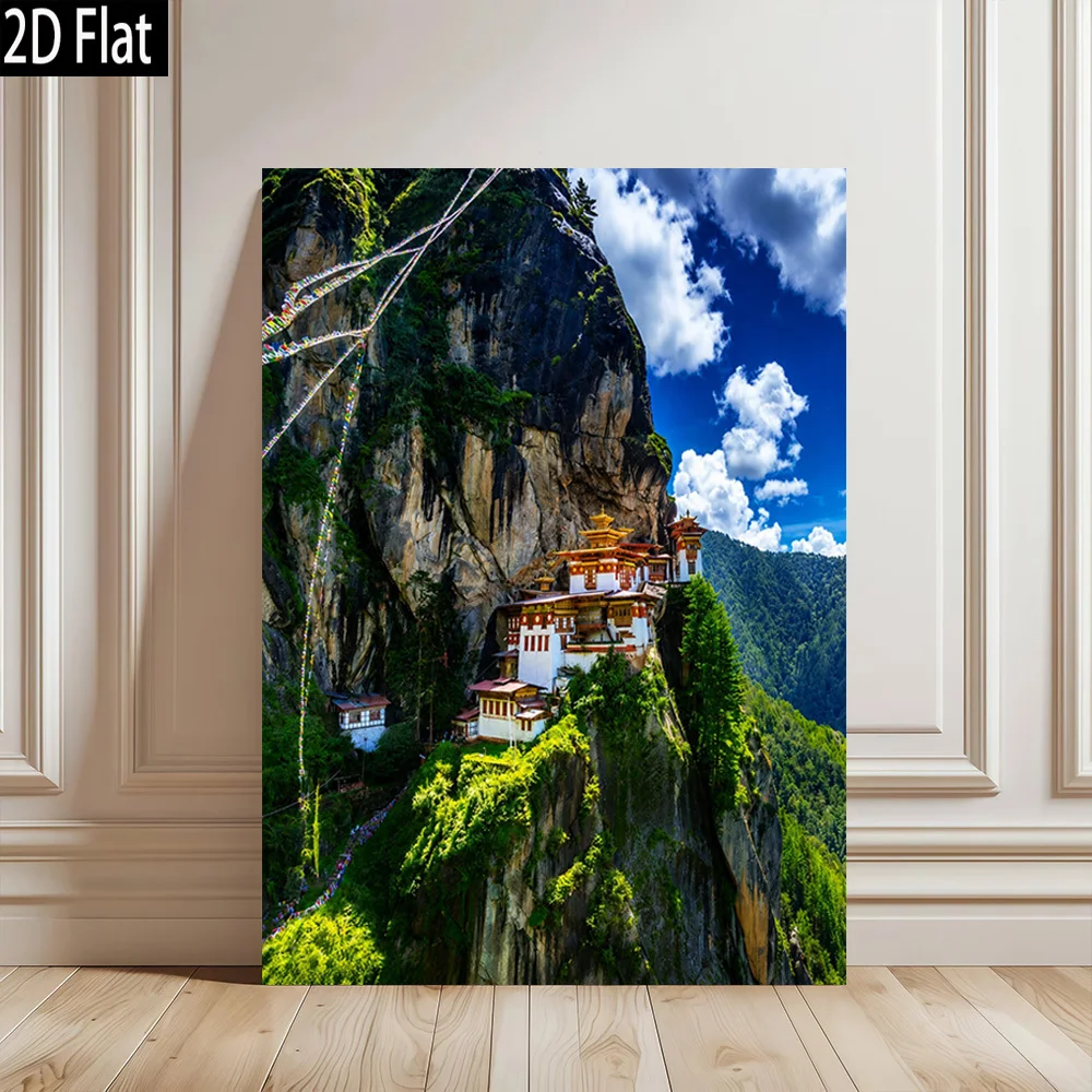 2D, 2D, 1 pièce, vue sur le monastère du Bhoutan depuis le bord d’une falaise, style moderne et rétro, tableau mural sur toile sans cadre, affiche imprimée de haute qualité pour la décoration intérieure.