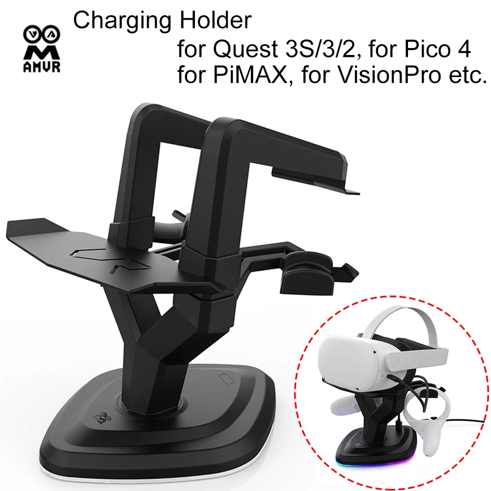 

AMVR Display Rack for Oculus Quest 3S/3/2 15W Charging Stand with Adjustable Lights Holder for Pico 4 VR Glasses Support