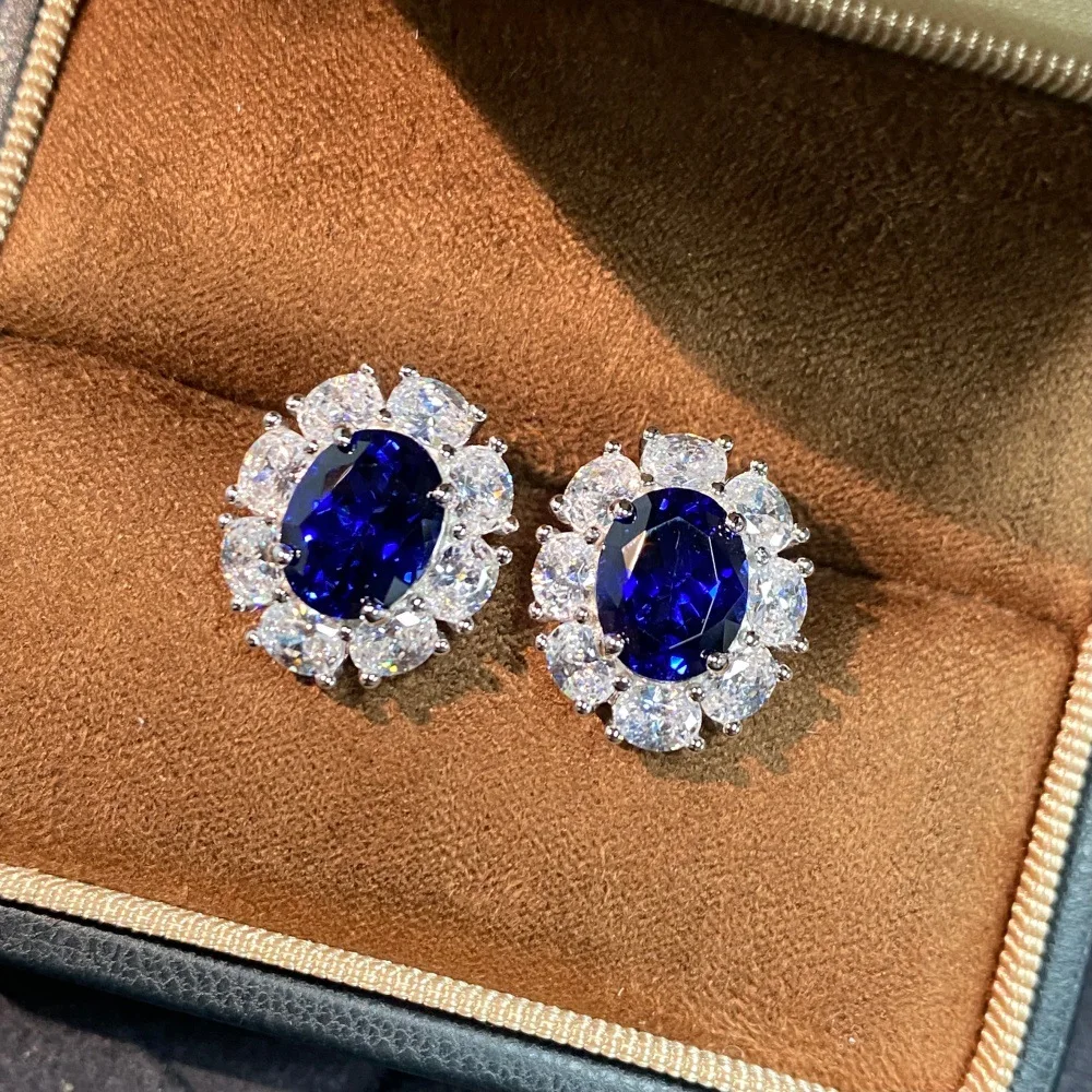 

7X9mm Cultivated Sapphire Earrings Women's 925 Silver Full Diamond Deluxe Jewelry High-end Color Treasure Earrings