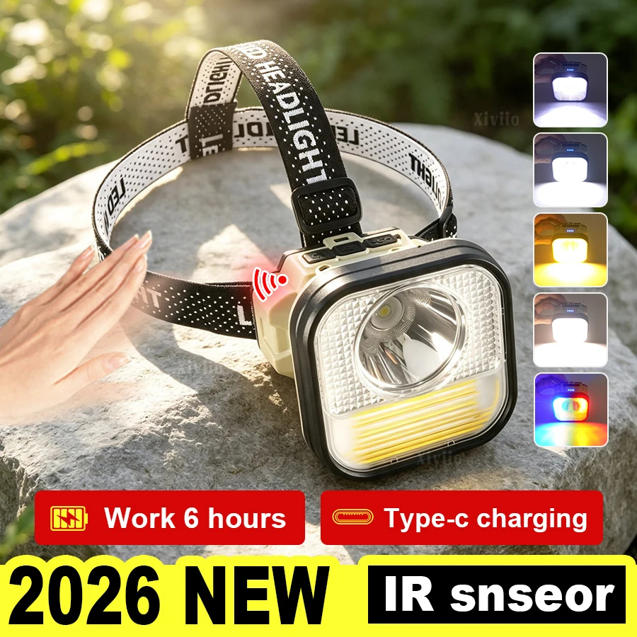 Multifunctional IR Sensor Headlamp High Bright 3‑Color Light Source Waterproof Rechargeable Head Light Camping Cycling Fishing
