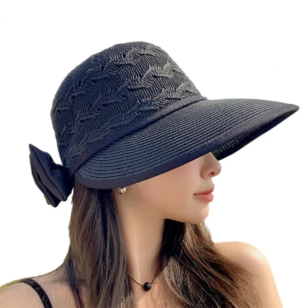 Chic Sun Hat  Back Bowknot Decor Lightweight Beach Hat  Women Solid Color Visors Straw Hat