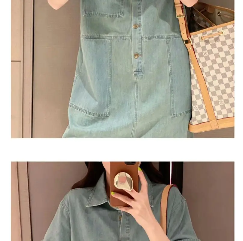 Womens Light Denim Short Sleeve Shirt Dress Loose Fit Button Front Pocket Casual Retro Jean Sundress - view 6