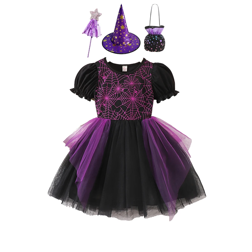 

Kids Baby Girls Halloween Witch Purple Tulle Dress Set Skull Print Puff Sleeve Dress With Hat Wand Bag