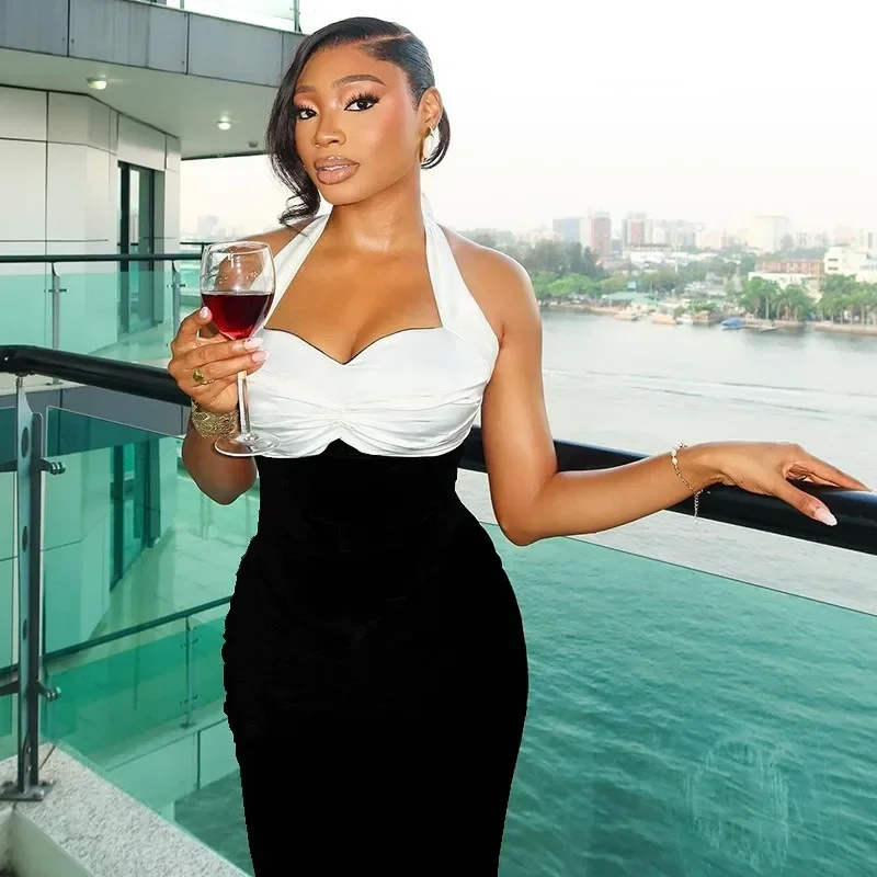 Frauen Patchwork Sexy Maxi Kleid Ärmelloses Rückenfreies Bodycon Lace Up Halter Elegante Club Plissee Straße Langes Kleid