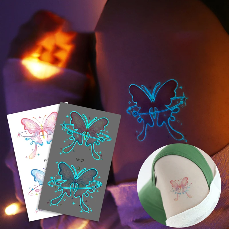 

4pcs/pack Blue Luminous Glowing Tattoo Sticker, Waterproof Nightclub Music Concert Butterfly Flase Tattoo, Animals Tattoo for Bo