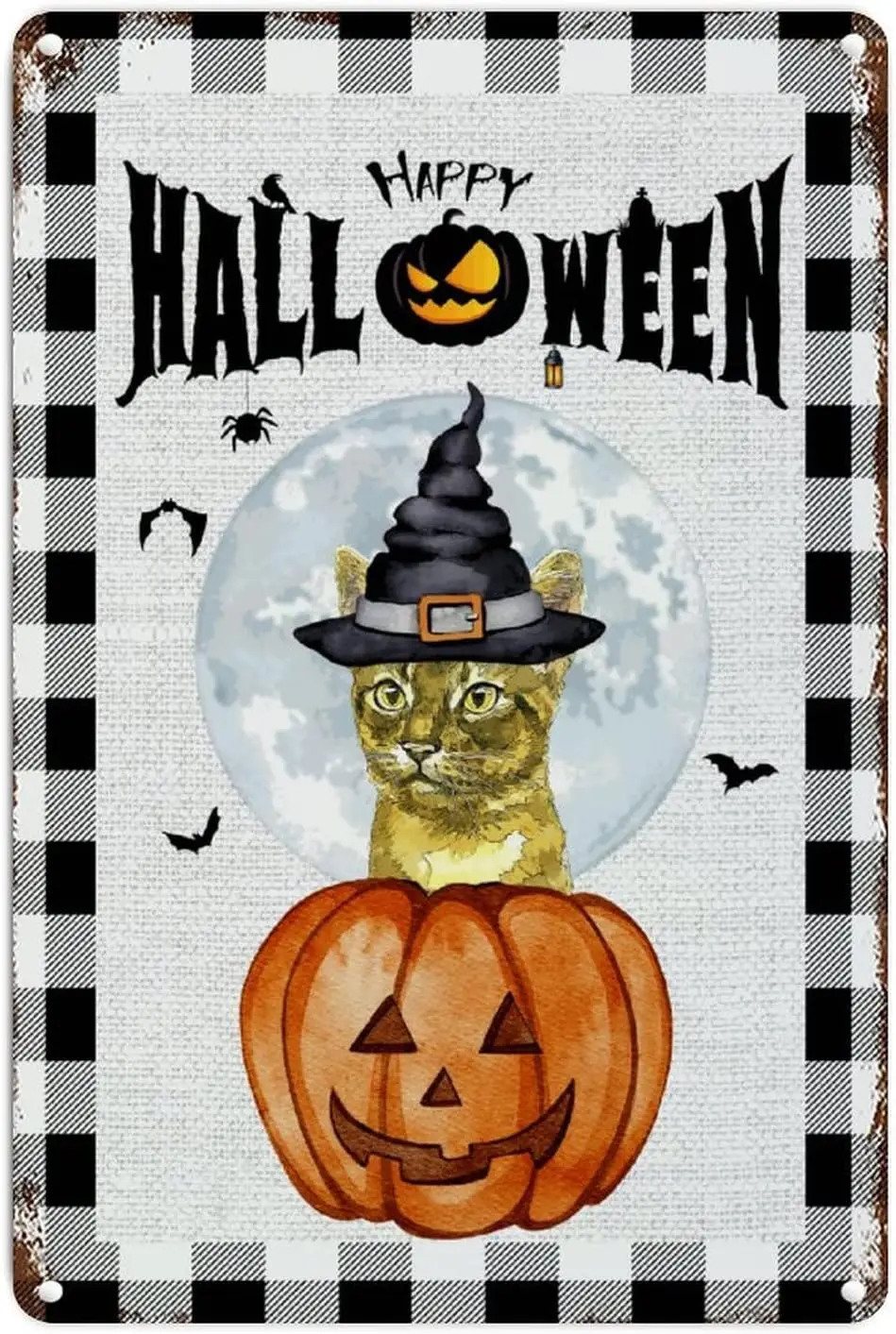 

Scary Pumpkin Metal Wall Sign Witch Hat Cat Pumpkin Bat Metal Sign Iron Painting Happy Halloween Full Moon Metal Wall Sign for F