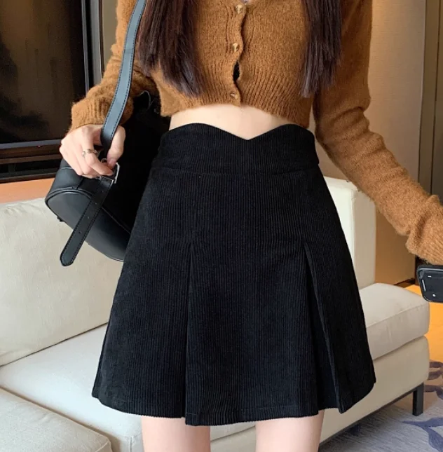 Große Größe Herbst Winter Neue Vielseitige Alter-reduzierung Süße Röcke Frauen Cord Hohe Taille A-linie Einfarbig Mode Röcke