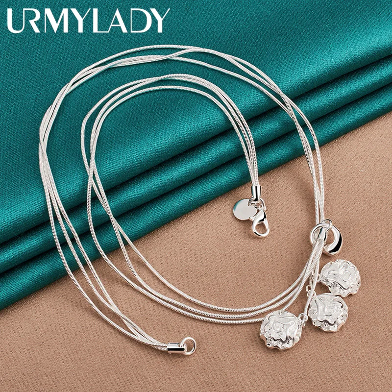 

URMYLADY 925 Sterling Silver Three Rose Flower 20 Inch Pendant Necklace For Women Wedding Party Fashion Jewelry