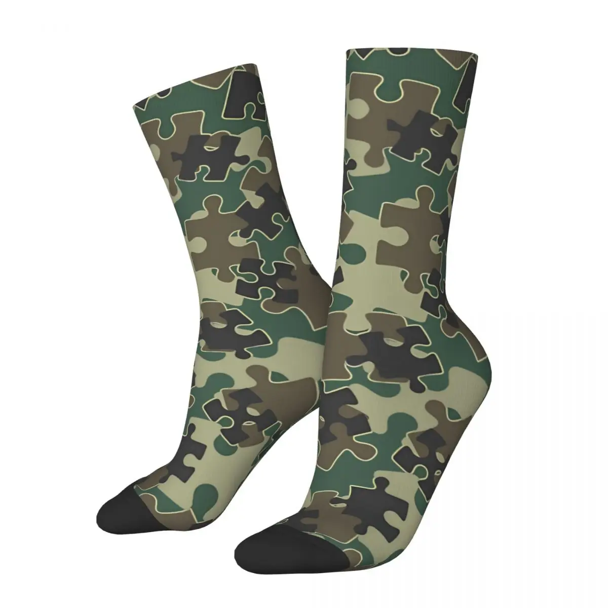 Happy Men's Socks Jigsaw Puzzle Pieces Camo WOODLAND GREEN Retro Camouflage Hip Hop Casual Crew Sock Gift Pattern Printed