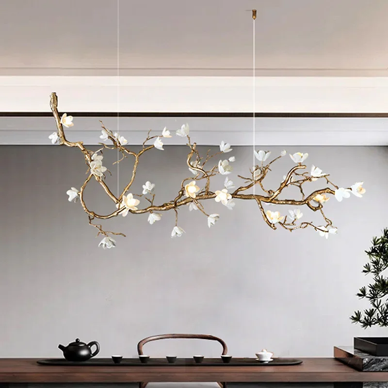 Cross-border light luxury living room , all-copper branch ceramic magnolia flower retro wind chandelier