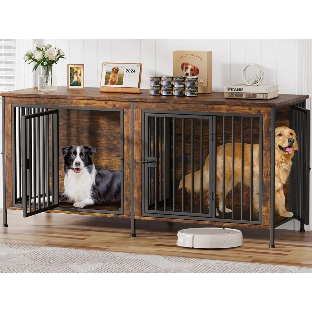 

78 inch oversized double dog cage furniture, thick wooden dog cage furniture TV stand, sturdy dog house furniture with dividers