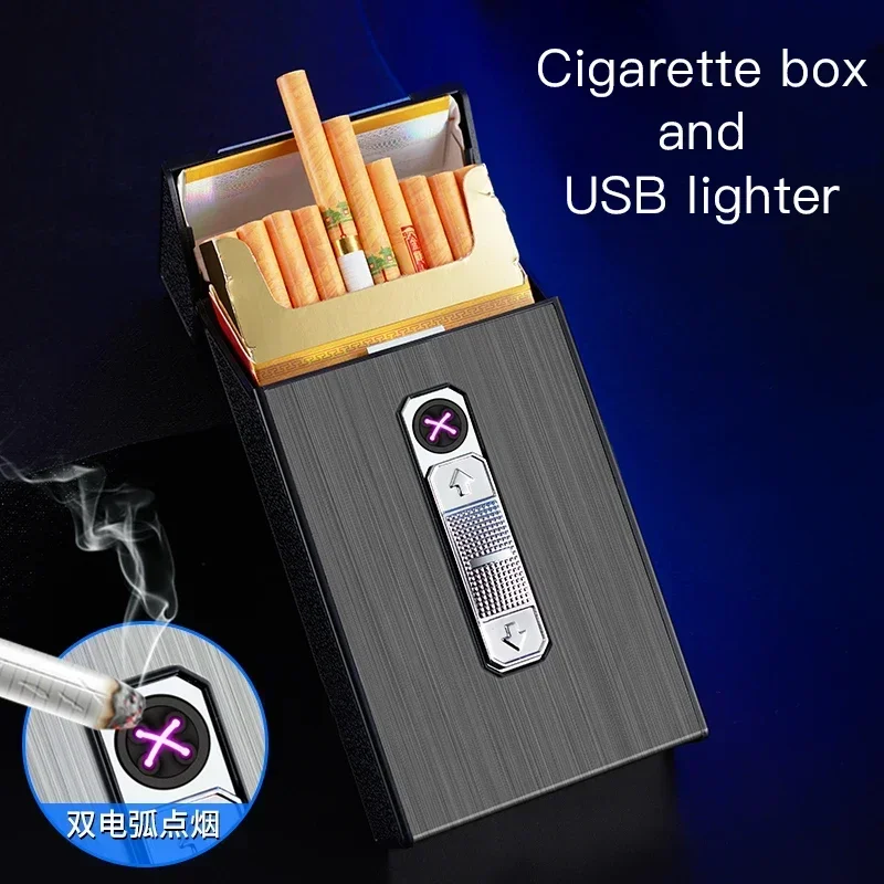 2024 Creative USB Dual Arc Cigarette Case Rechargeable Lighter Portable Waterproof Cigarette Case Can Hold 20 Pcs for Men\'s Gift