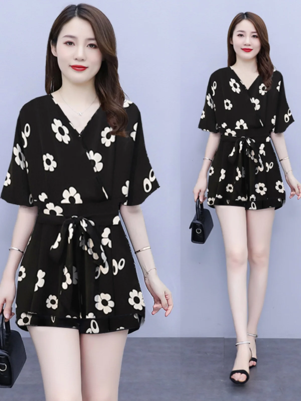 plus Size Women's Fashionable Summer Outfit Short Sleeve Chiffon Dress Slimming Top And Shorts Set for Plump MM Polyester Fabric - view 2