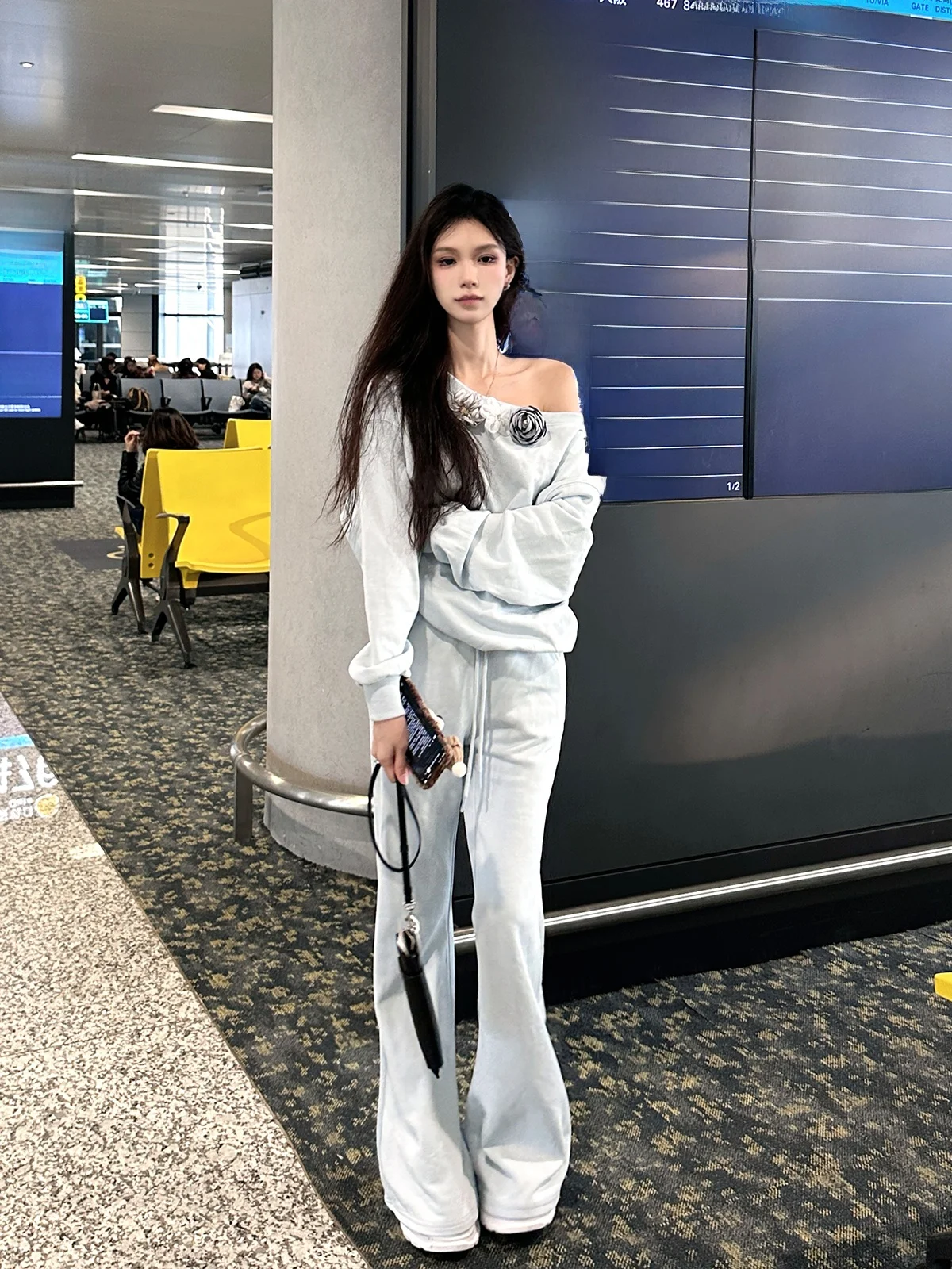 

Комплект из хлопкового свитера и брюк Thiened Floral: винтажный дизайн, свободный крой, теплый, повседневный, для женщин, осенняя одежда