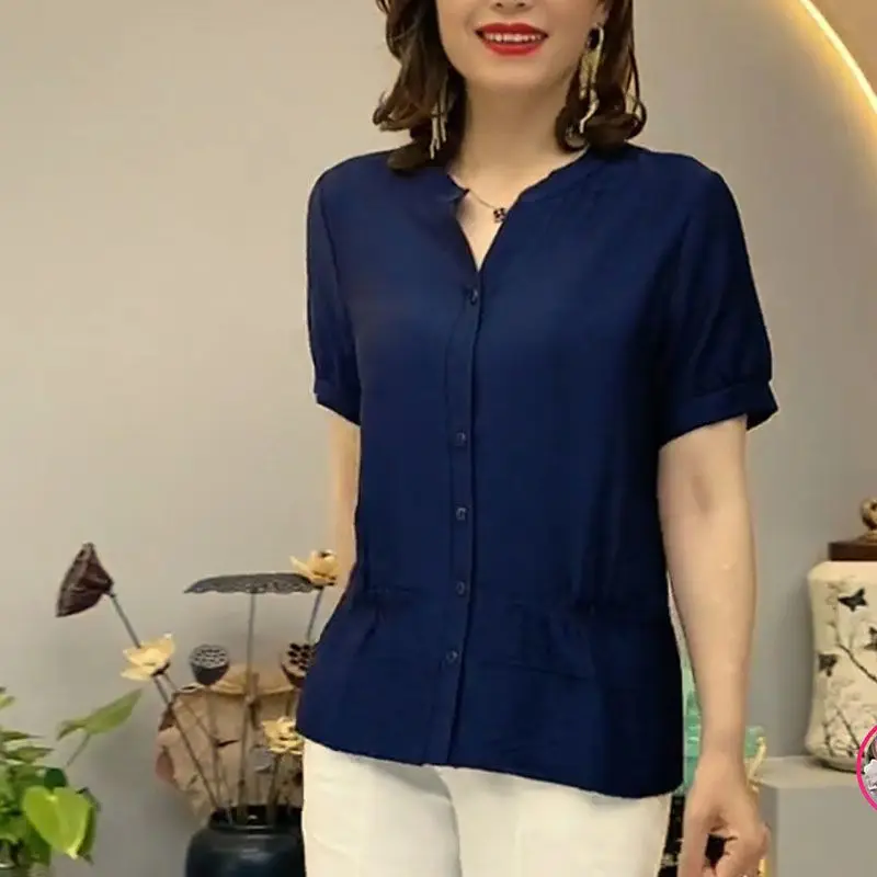 Summer V Neck Solid Loose Short Sleeve Chiffon Top Blouse Women Fashion Ruffled Casual Button Up Shirts Blusas Mujer Clothes2023