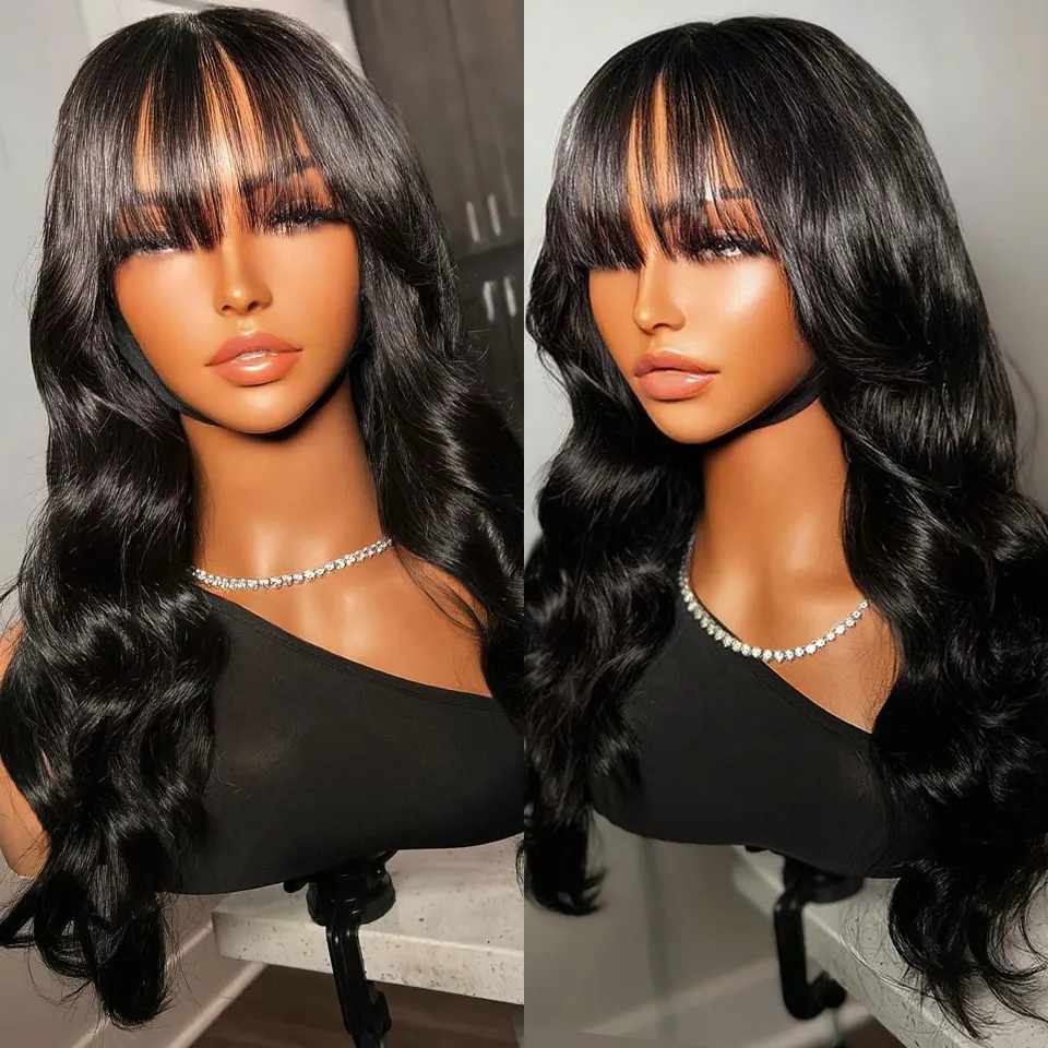 13*4 Frontal Wig With Bangs Pre-Cut Lace Glueless Wig Human Hair Wear and Go Without Glue Body Wave Wigs Brazilian Wigs