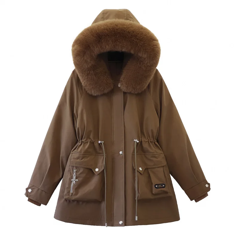 Parkas Winter 2024 Thickened Puffer Jacket Large Pockets Loose Hooded Jacket A Warm Jacket With A Cinched Waist