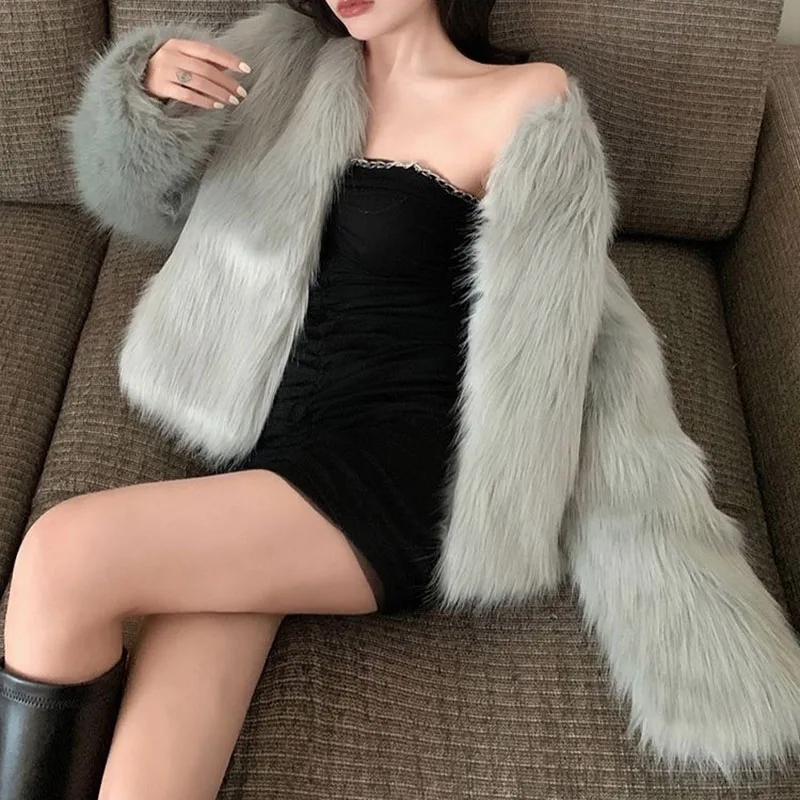 Lucyever Korean Fashion Faux Fox Fur Coat Ladies Luxury Short Imitation Fur Jackets Women High Quality Cardigan Plush Outerweart