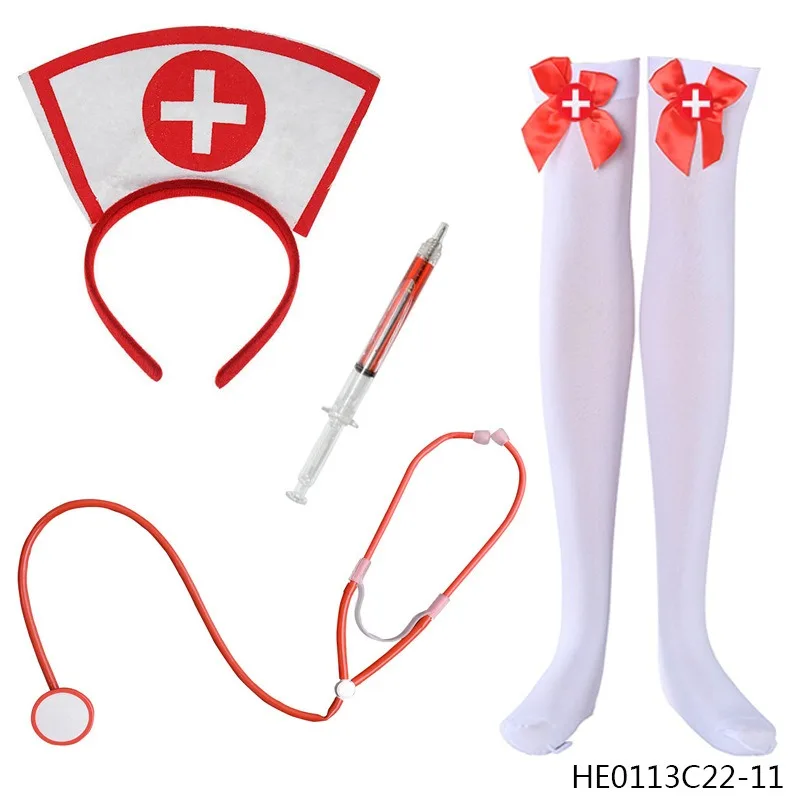 Couvre-chef d'infirmière d'halloween avec faux stylo stéthoscope, couvre-chef d'infirmière sexy, bandeau en dentelle rouge, costume de cosplay mignon, maquillage d'anniversaire