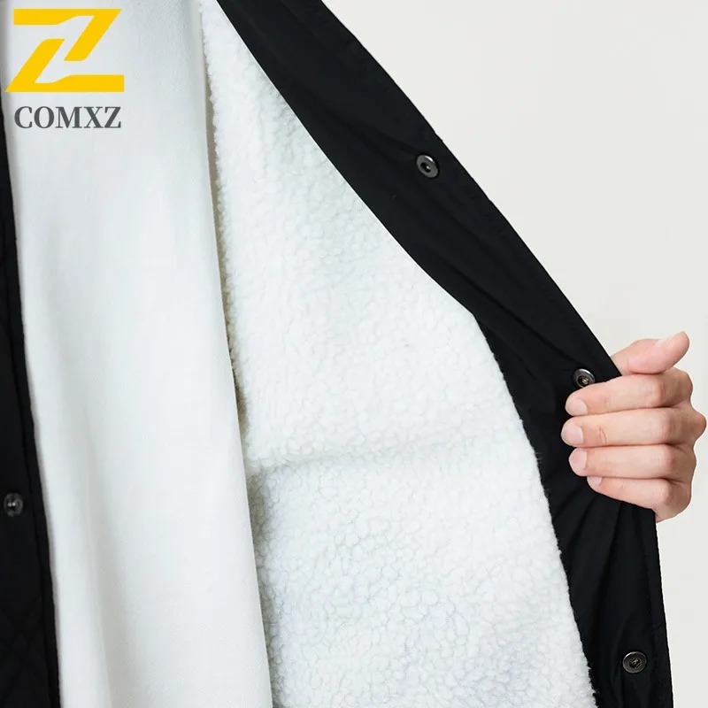 COMXZ 2025, Winter-Plüsch-Polsterjacke für Herren, trendiges Spleißen, dicke Thermo-gepolsterte Jacke, lässiger Outdoor-Ski, winddichter Fleece-Parka