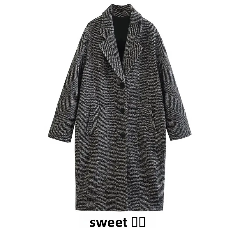 

Gray Herringbone Women's Coat Medium Length Jacket Street Style Double Breasted Long Sleeve Other Material 25-29 Years Old