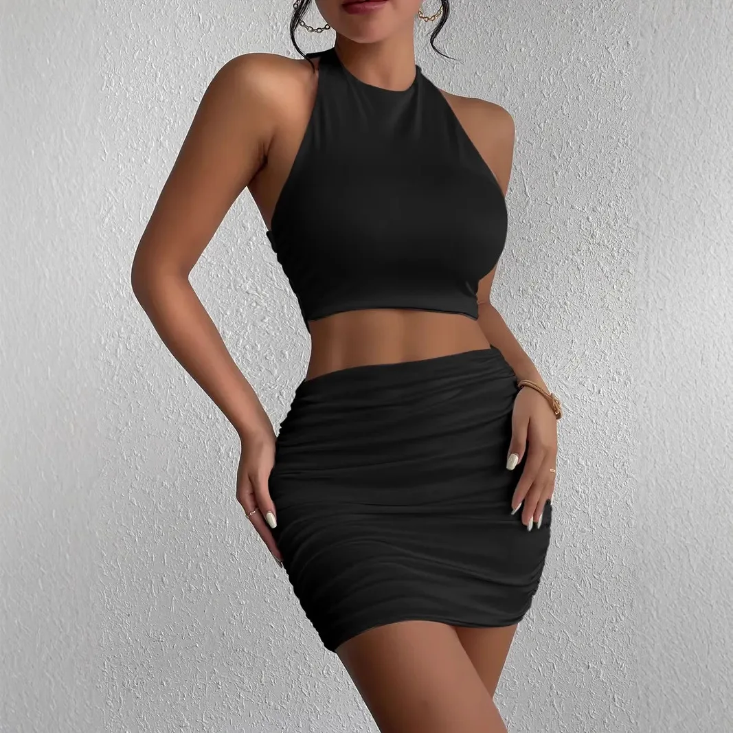 Women's Halter Neck Crop Top &ruched Bodycon Mini Skirt 2 Piece Set Sleeveless Backless Party Clubwear Slim Fit