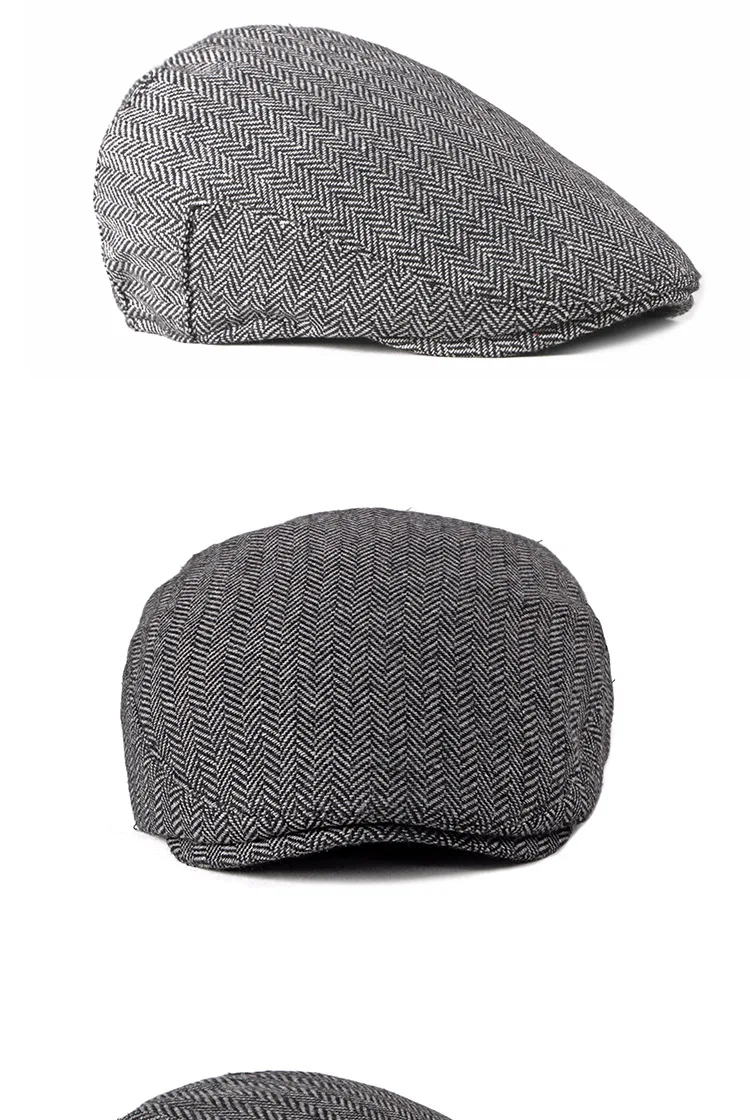 Herren Mode Baskenmützen Hochwertige Herbst-Winter Woll-Fischgrätmuster Flache Mütze Klassischer Künstler-Malermützen-Stil Männliche Gorras – Detail 7