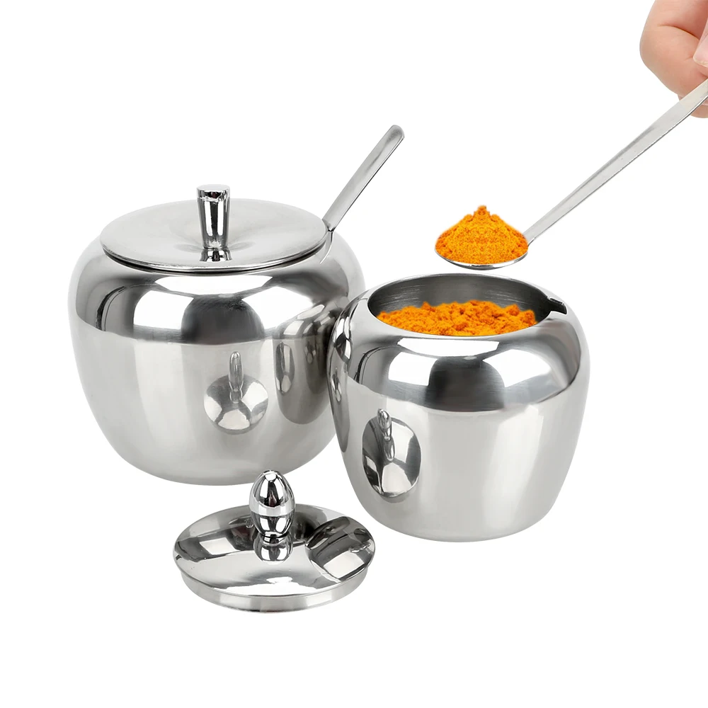 Condiment Pot Stainless Steel Tableware Apple Sugar Bowl Spice Container Seasoning Jar With Lid and Spoon