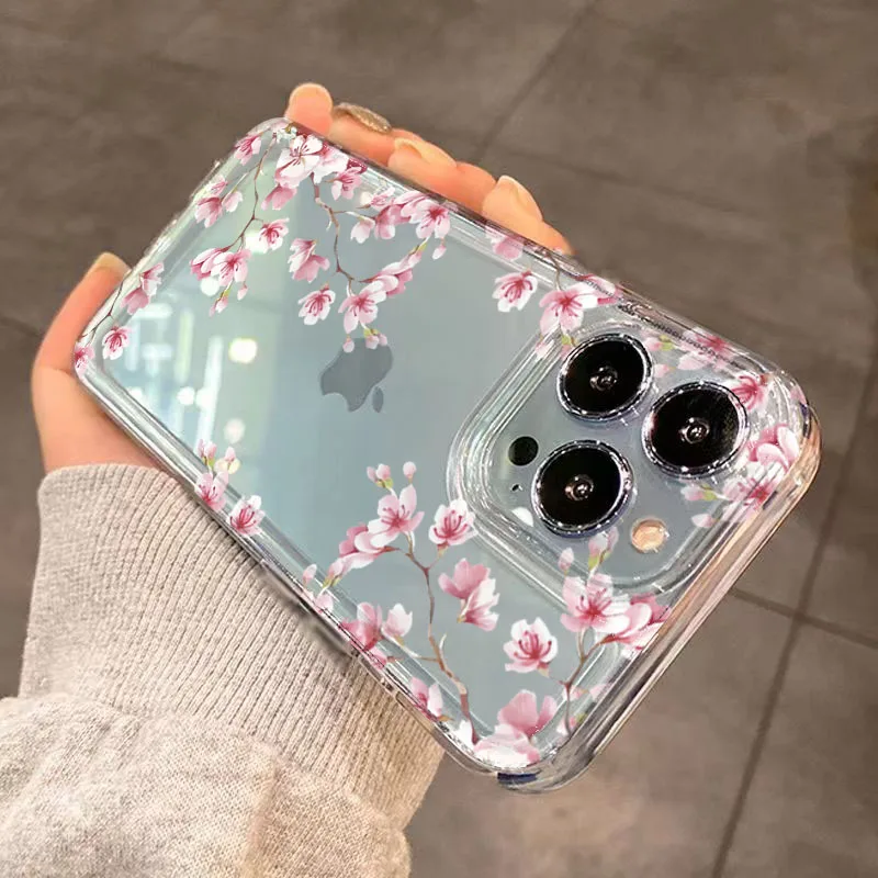 Funda de teléfono transparente con diseño de flor rosa para iPhone 17 Pro Max 16 15 14 13 12 11 XS X XR 7 8 Plus 16E, funda suave de TPU a prueba de golpes