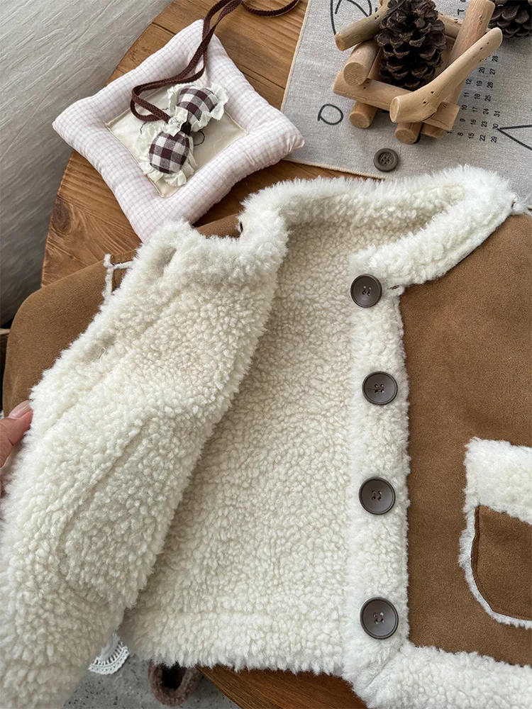 2024 Winter New Children Warm Shearling Coat Plus Velvet Thick Girls Fleece Zipper Coat Solid Baby Padded Jacket Kids Clothes