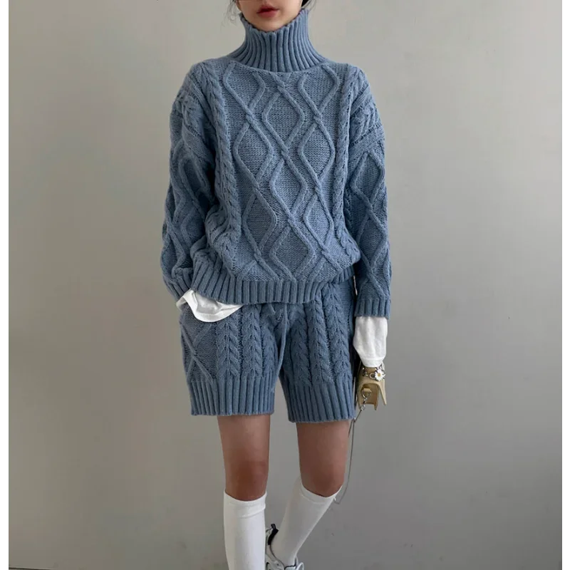 REALEFT Autumn Winter 2 Pieces Women\'s Sweater Outfits Long Sleeve Turtleneck Sweater and Knit Shorts Pants Female Suits