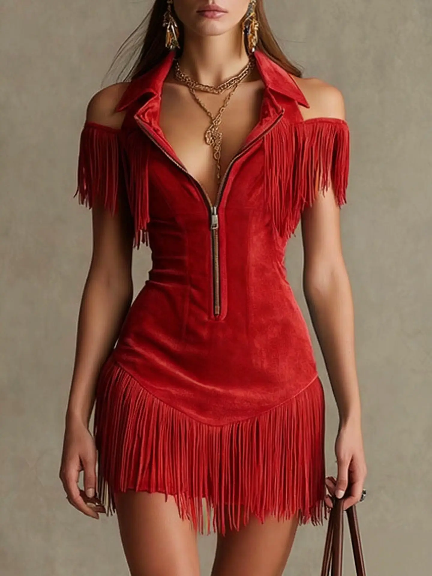 Y2K Amerikanisches Vintage-Wildlederkleid mit Quasten und Off-Shoulder-Design, Western-Stil, figurbetonter Mini-Rock für die attraktive Frau – Detail 10
