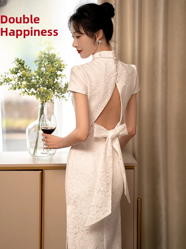 

Белое китайское свадебное платье Ele White с жемчужной отделкой, длинное вечернее платье с завышенной талией для помолвки и свадебных церемоний