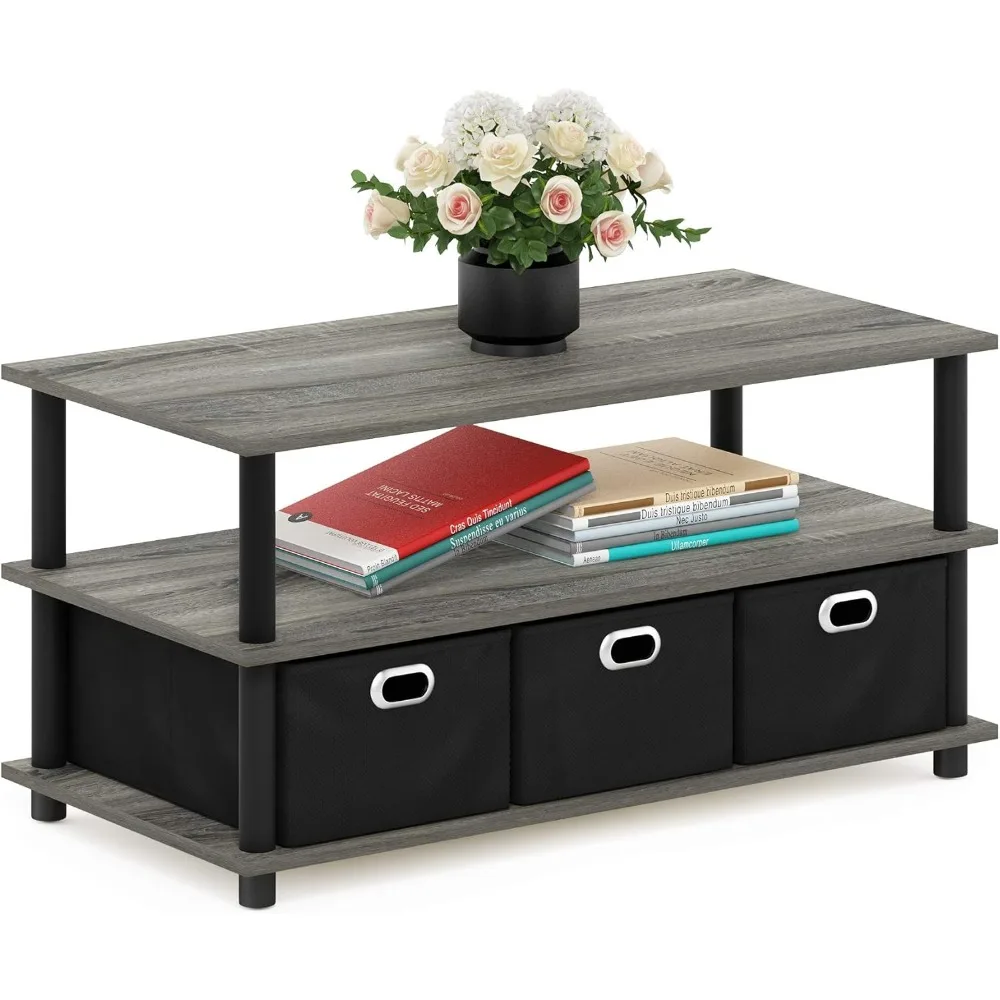 Modern 3-Tier Coffee Table with Storage Bins, French Oak Grey Finish, Easy Assembly for Living Room
