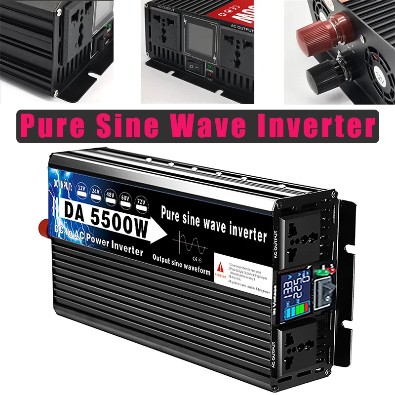 Pure Sine Wave Inverter 3500W/4500W/5500W Power Solar Inverters 24/48/60/72V to 220V Voltage Converter Transformer for Car Home