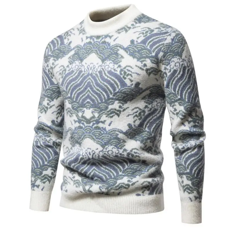 

Men's Mohair Sweater Wave Print Oversized Pullover Soft Long Sleeve Knit Top for Spring/Autumn Casual Streetwear Winter Clothing