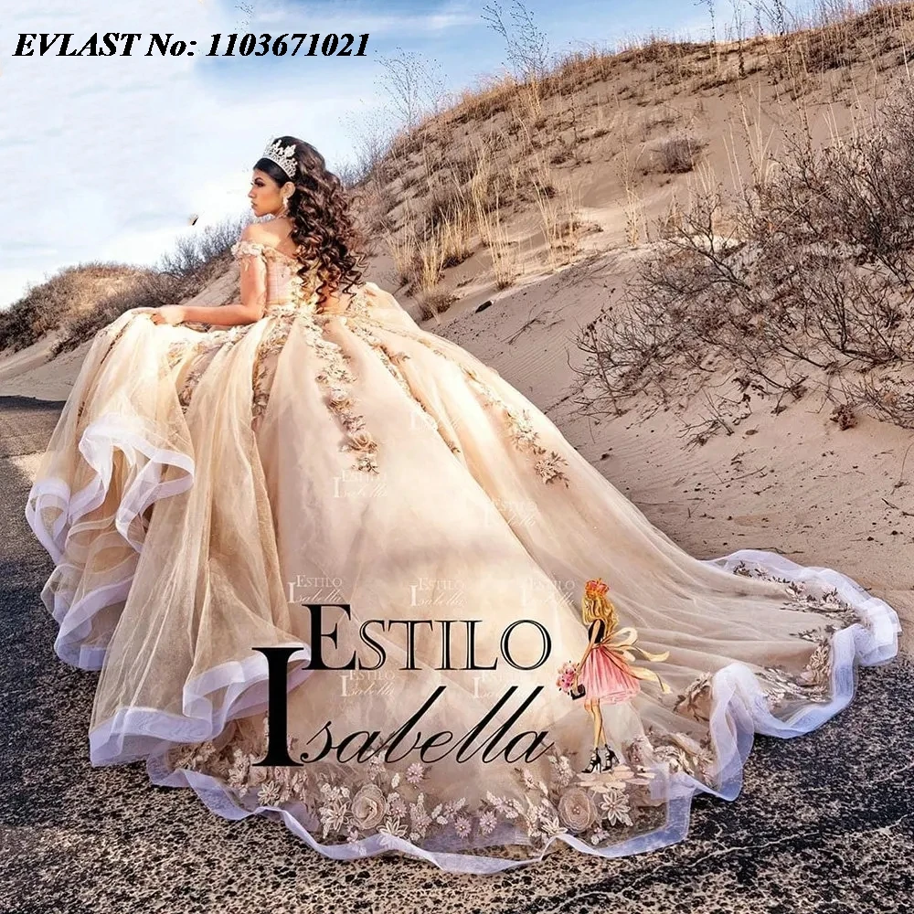

EVLAST Champagne Beaded Crystal Mexican Quinceanera Dress Ball Gown Off Shoulder 3D Floral Lace Corset Vestidos De XV Anos SQ304