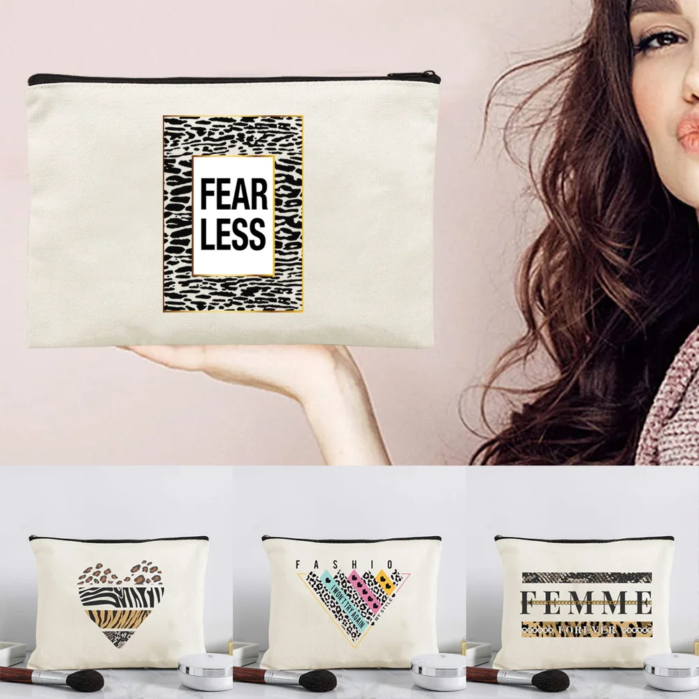 Versatile Travel Canvas Makeup Pouch With Leopard Print Zipper Cosmetic Storage Bag for School Office Daily Beauty Items