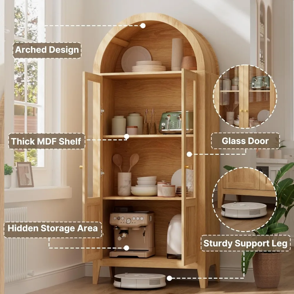 خزانة مخزن المطبخ، أبواب زجاجية، أرفف تخزين خشبية مقوسة، رف كتب طويل القامة لتنظيم المطبخ #5