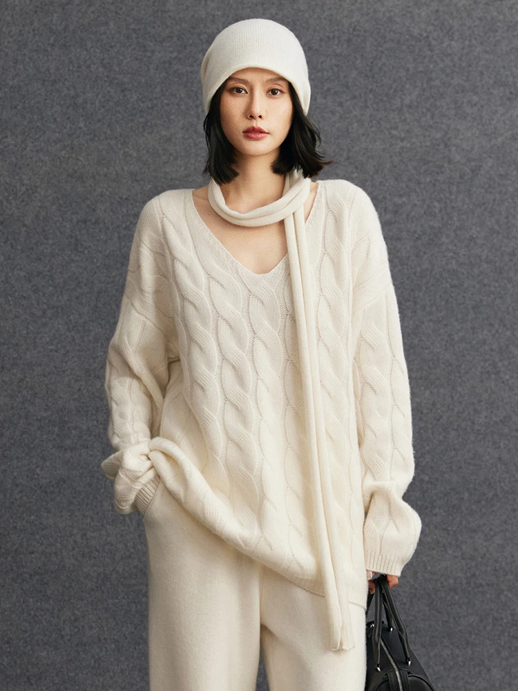 TLOML Suéter feminino 100% caxemira com decote em V pulôver grosso solto cabo tricotado de caxemira outono inverno macio quente tops de luxo