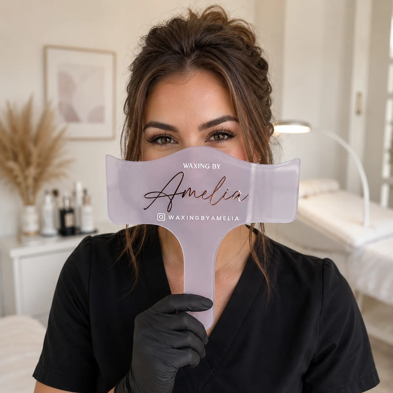 Custom Curved Acrylic Tech Photo Prop Handheld Branded Selfie Sign Esthetician Social‑Media Marketing Prop for Beauty Studio