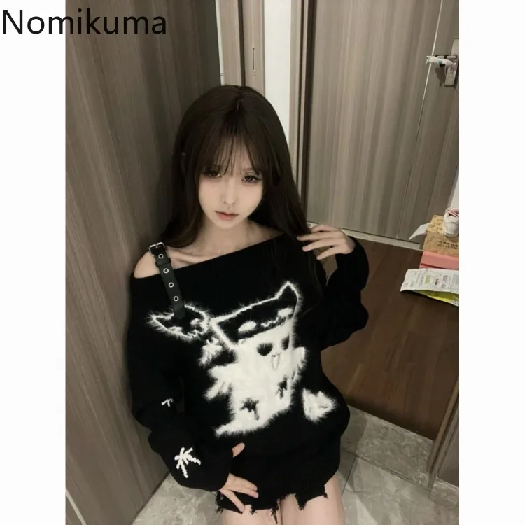 

Korean Jumper Irregular Leather Buckle Pullovers Women Slash Neck Fashion Sueter Mujer Off Shoulder Casual Knitted Y2k Sweater
