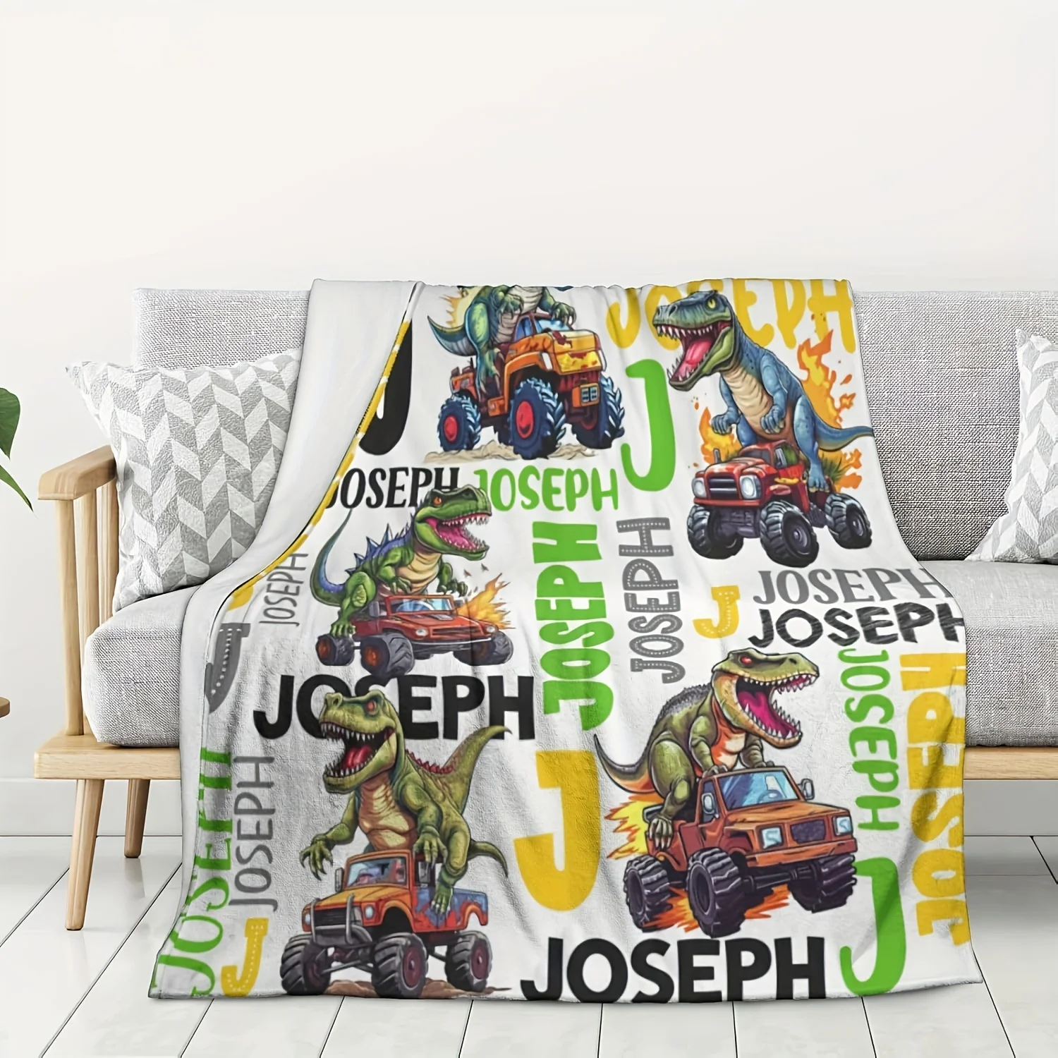 

A customizable dinosaur truck printed flannel blanket, suitable for sofas, beds, travel, camping, office chairs，modern style